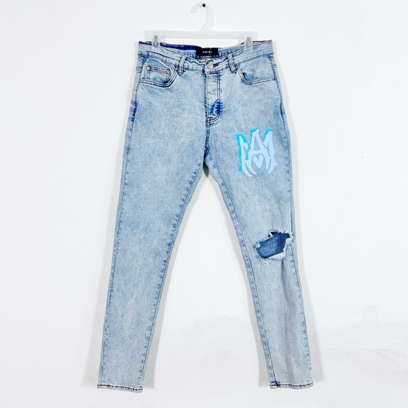 Amiri Men’s Size 30 Light Wash Blue Watercolor Logo Print Skinny Jeans
